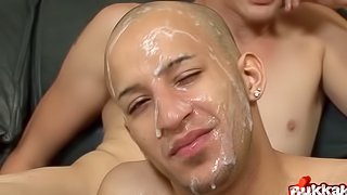 Bald Latino guy gets gangbanged hard and drenched in cum