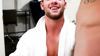 Dirty gay in a white bathrobe gives head to his neighbor before hard anal fucking