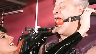 Kinky mistresses adore torturing their mature slaves in film wrapping, bondage and suspension