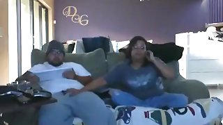 Nerdy fat girl sucks cock and gets doggystyle fucked on the sofa