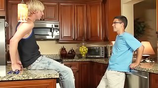 Nerdy gay teen with glasses getting his cock sucked