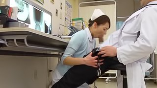 A beautiful Japanese nurse gives a blowjob to a doctor