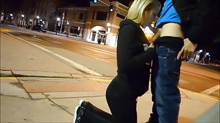 gal gives sidewalk oral job in the street